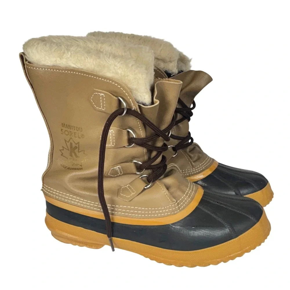 Sorel Snow Boots Tan Brown Leather Heavy Duty Rubber Faux Fur Winter Mens 9